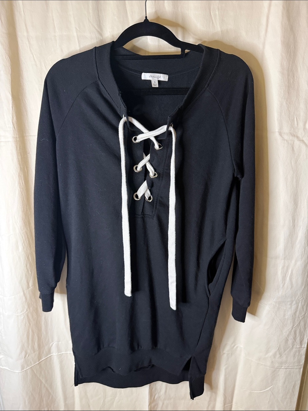 Active USA Black Sweatshirt Dress with White Drawcords